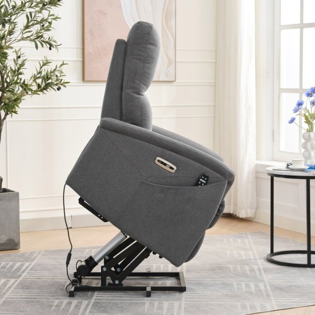 TV křeslo DAMIAN s elektrickým polohováním, masáží a vyhříváním — látka, šedá