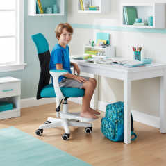 Dětská židle Neoseat MONKEY WHITE s podnoží — látka, bílá / tyrkysová