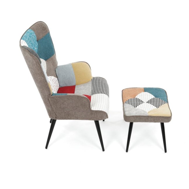 Relaxační křeslo ušák s taburetem ROYAL II — kov, voděodolná látka, patchwork