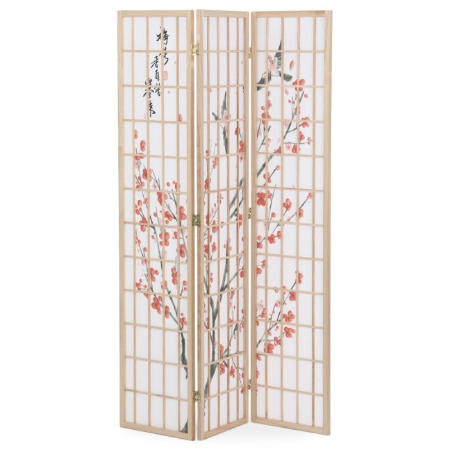 3dílný paravan SAKURA — dřevo, netkaná textilie, přírodní / bílá