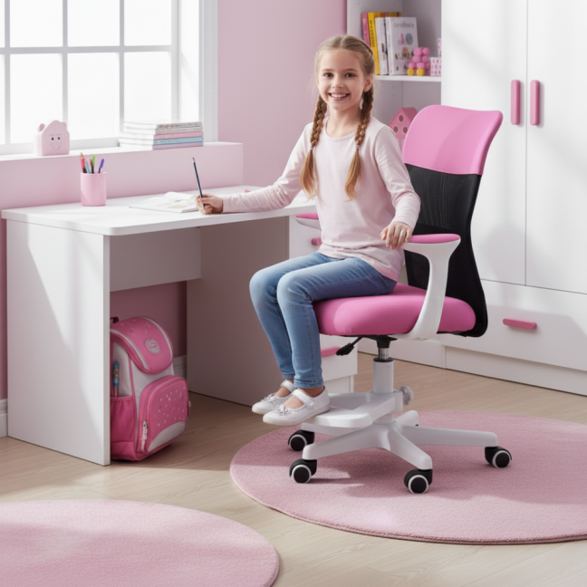 Dětská židle Neoseat MONKEY WHITE s podnoží — látka, bílá / tmavě růžová