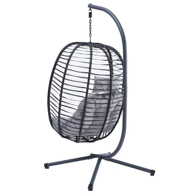 Zahradní závěsné křeslo AVARIN —  umělý ratan, černá/šedá, nosnost 150 kg
