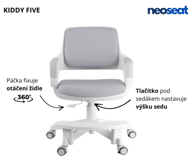 Dětská rostoucí židle Neoseat KIDDY FIVE — látka, pratelný potah, šedá