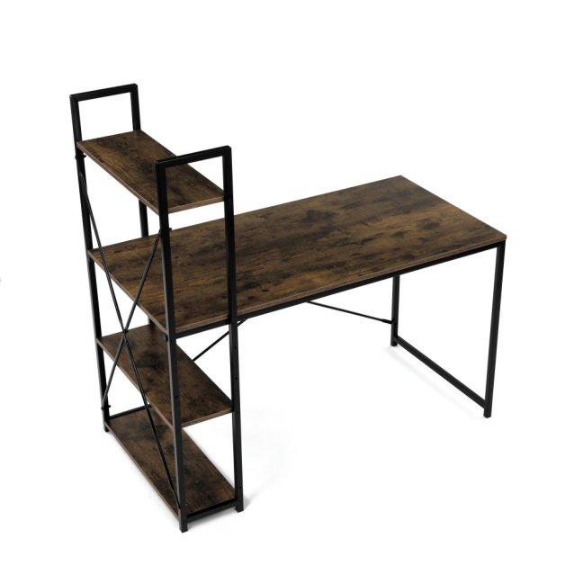 Psací stůl s regálem MOREL — kov, MDF, černá / dekor starého dřeva