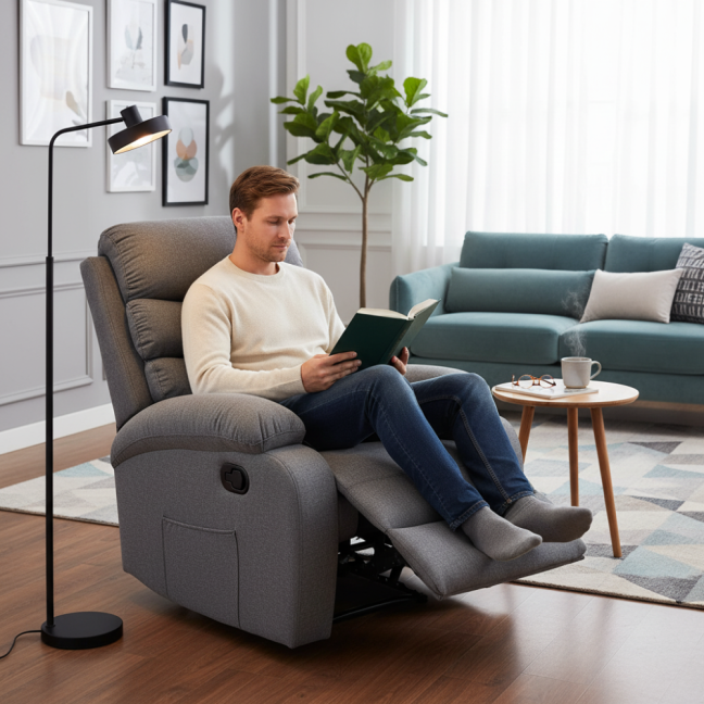 Relaxační polohovací TV křeslo VELORA — látka, šedá, nosnost 130 kg