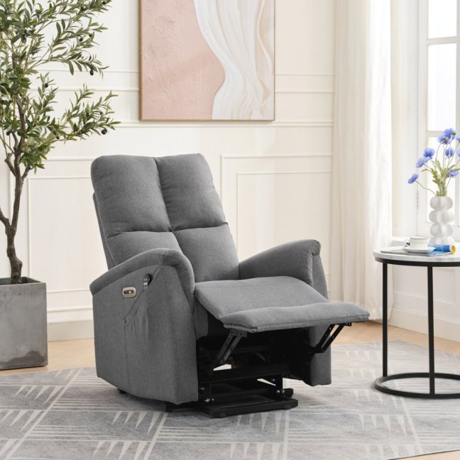 TV křeslo DAMIAN s elektrickým polohováním, masáží a vyhříváním — látka, šedá