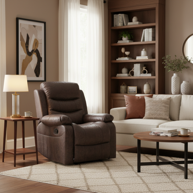 Relaxační polohovací TV křeslo HAVEN — látka, hnědá, nosnost 130 kg