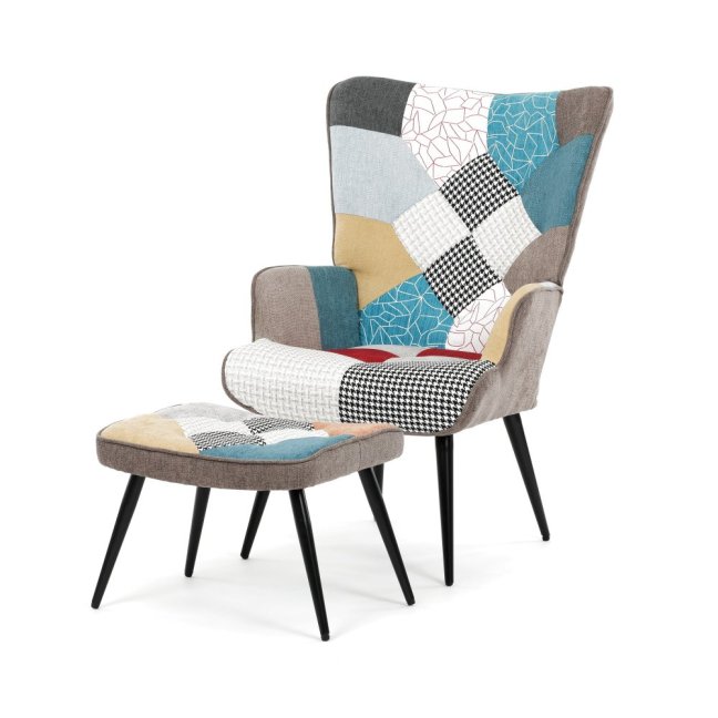 Relaxační křeslo ušák s taburetem ROYAL II — kov, voděodolná látka, patchwork
