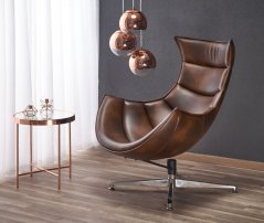 Otočné designové křeslo LUXOR — kov, kůže, hnědá