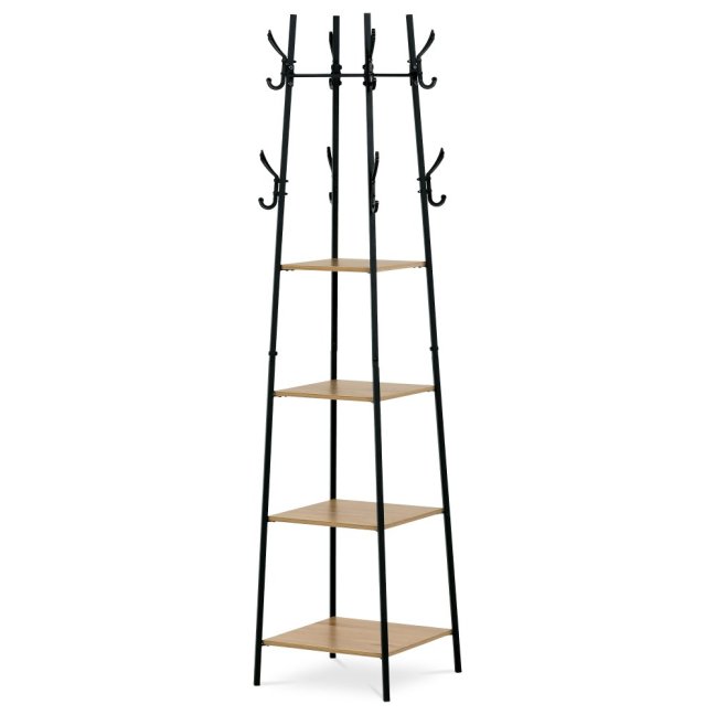 Věšák s regálem DOLORES — kov, MDF, černá / dekor divoký dub