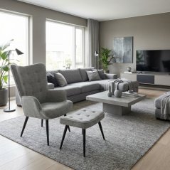 Relaxační křeslo ušák s taburetem ROYAL II — kov, látka, šedá