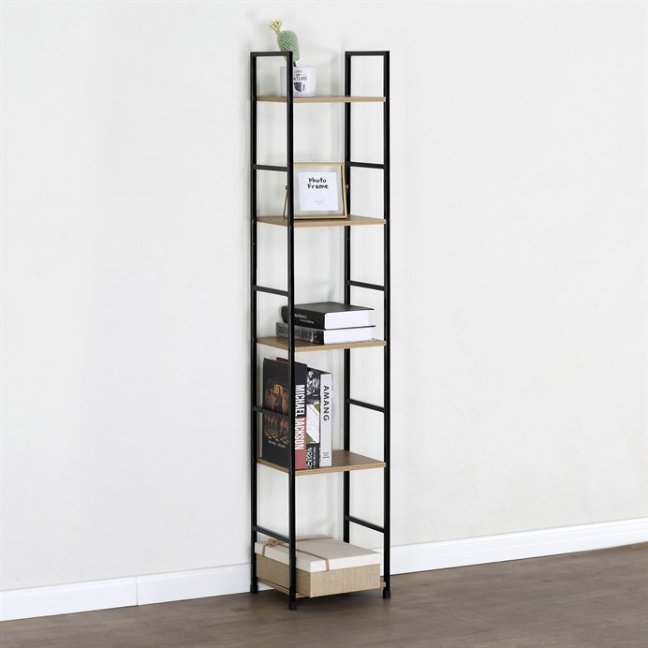 Regál TIREK IV — kov, MDF, černá / dekor dub