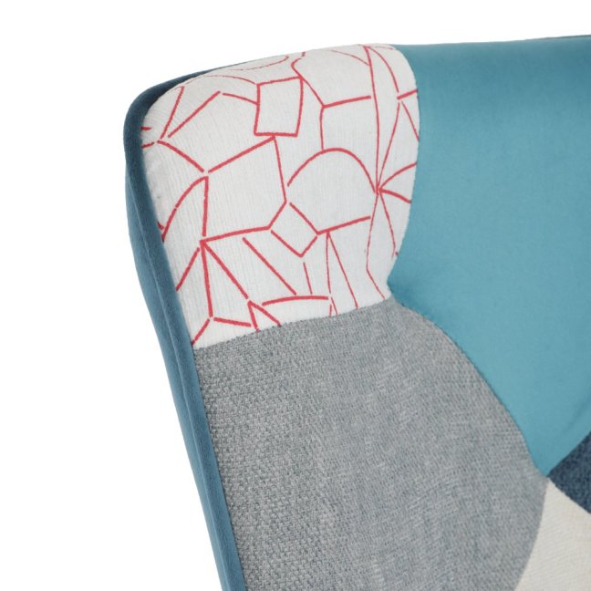 Relaxační křeslo ušák LISA + taburet — masiv, látka, modrý patchwork