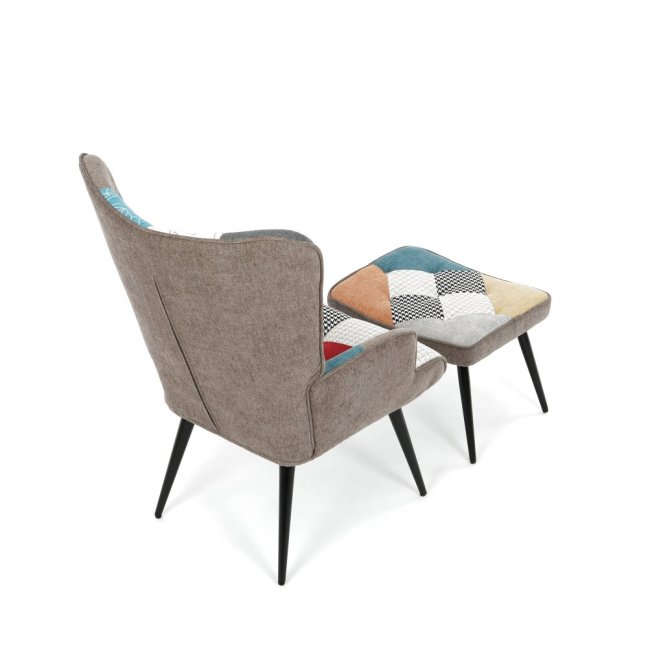 Relaxační křeslo ušák s taburetem ROYAL II — kov, voděodolná látka, patchwork