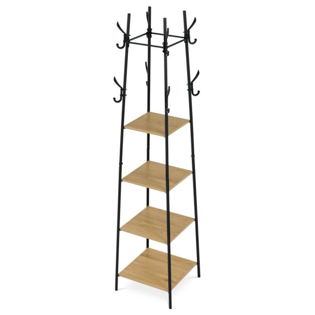 Věšák s regálem DOLORES — kov, MDF, černá / dekor divoký dub