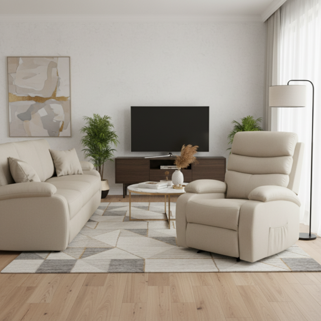 Relaxační polohovací TV křeslo VELORA — látka, béžová, nosnost 130 kg