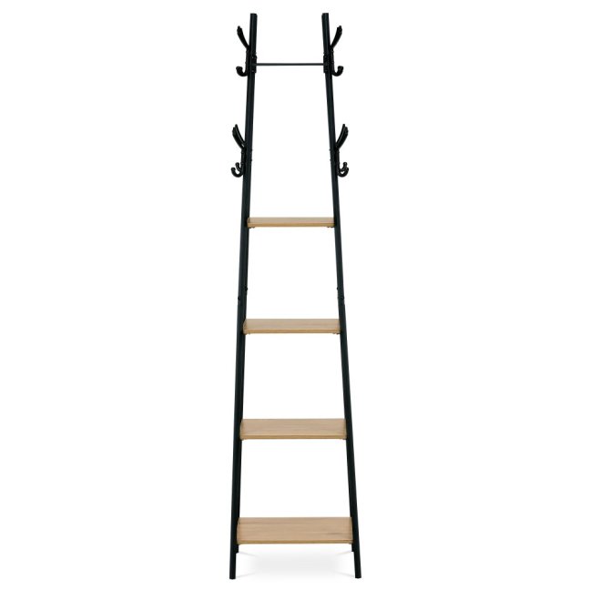 Věšák s regálem DOLORES — kov, MDF, černá / dekor divoký dub