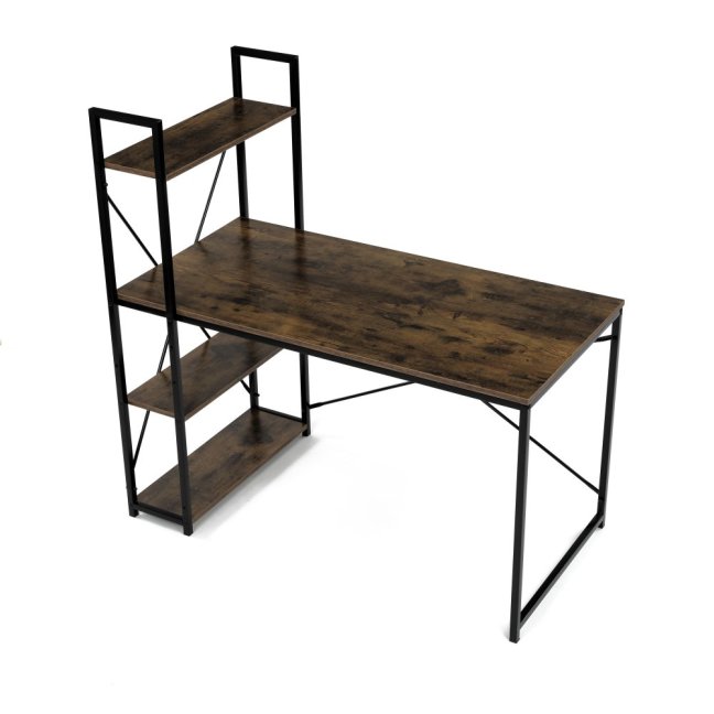 Psací stůl s regálem MOREL — kov, MDF, černá / dekor starého dřeva