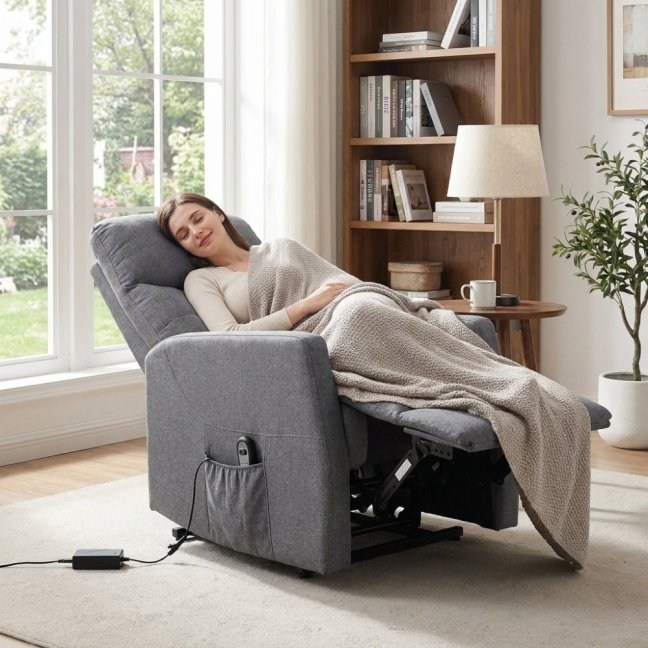 TV křeslo MODO PLUS s elektrickým polohováním — látka, šedá, nosnost 130 kg