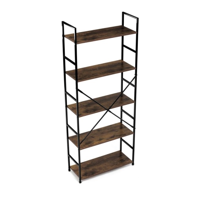 Regál UREK — kov, MDF, černá / dekor starého dřeva