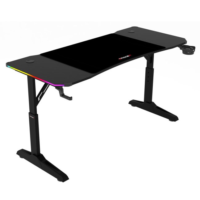 Výškově nastavitelný herní stůl ERACER H1214 — 140x60 cm, kov, melamin, černá, RGB podsvícení