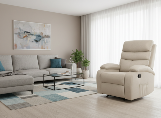 Relaxační polohovací TV křeslo VELORA — látka, béžová, nosnost 130 kg