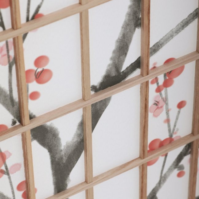 3dílný paravan SAKURA — dřevo, netkaná textilie, přírodní / bílá