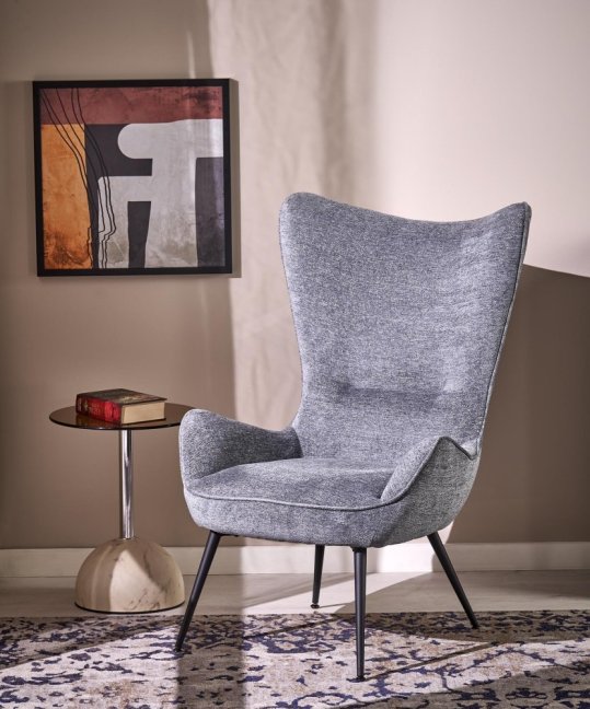 Designové křeslo ušák JUKON — kov, látka, šedá