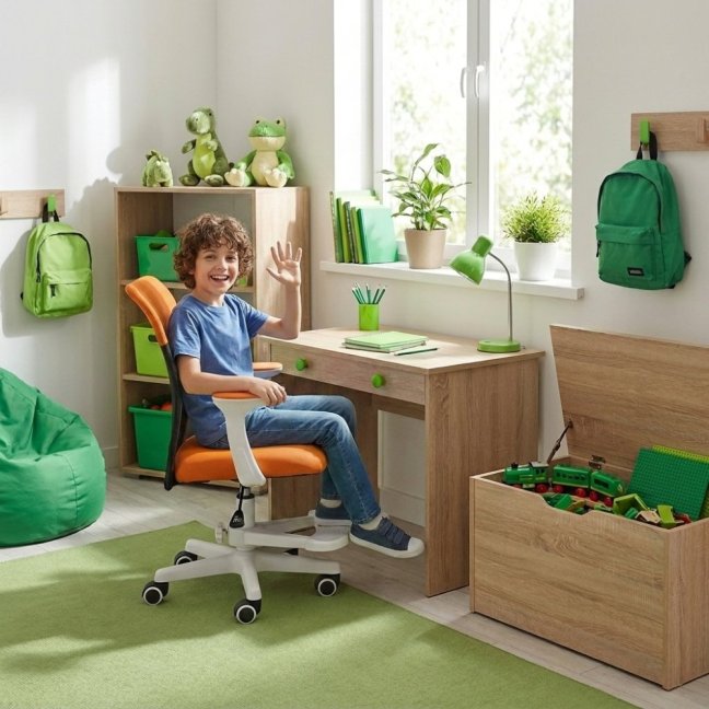 Dětská židle Neoseat MONKEY WHITE s podnoží — látka, bílá / oranžová