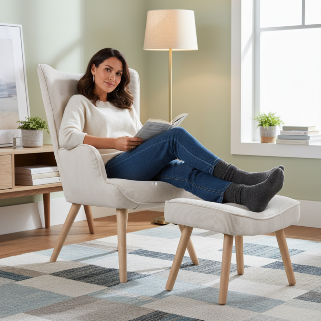 Křeslo ušák CORDU + taburet — masiv, manšestr, přírodní / krémová