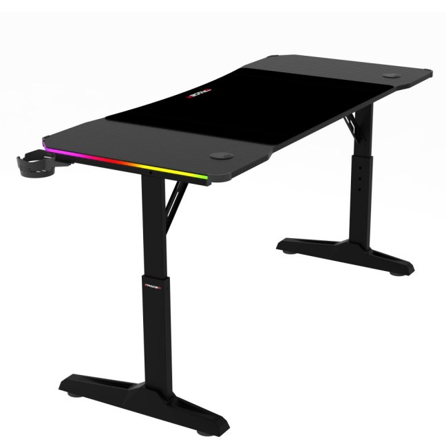 Výškově nastavitelný herní stůl ERACER H1214 — 140x60 cm, kov, melamin, černá, RGB podsvícení
