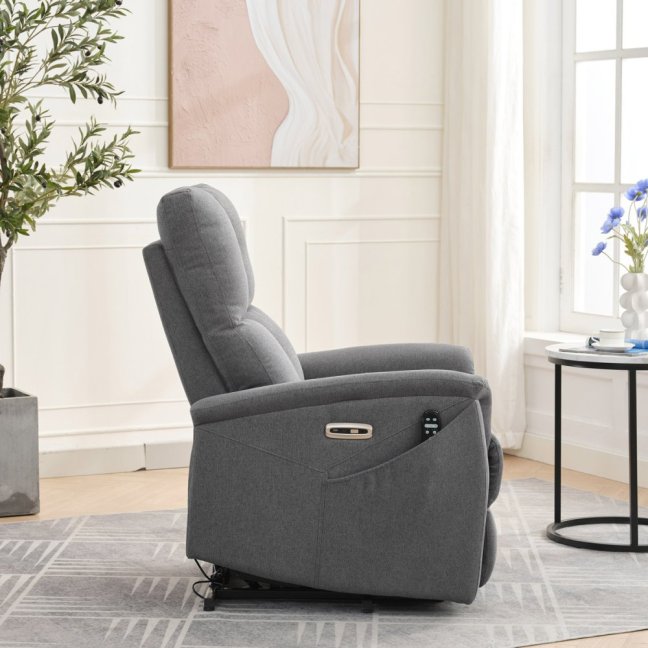 TV křeslo DAMIAN s elektrickým polohováním, masáží a vyhříváním — látka, šedá