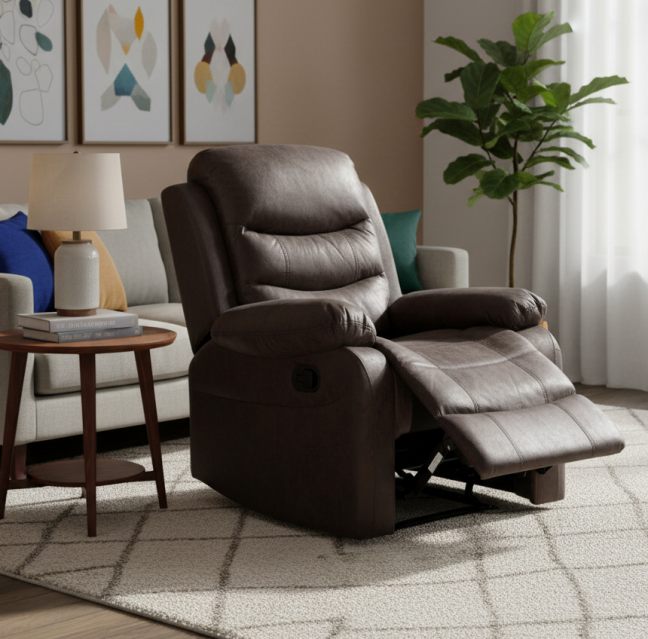 Relaxační polohovací TV křeslo HAVEN — látka, hnědá, nosnost 130 kg