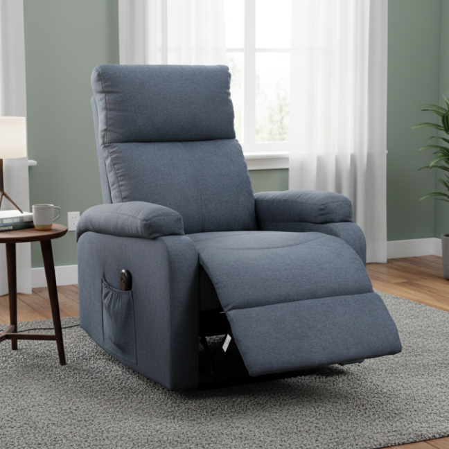 TV křeslo ALVI s elektrickým polohováním — látka, šedá, nosnost 130 kg