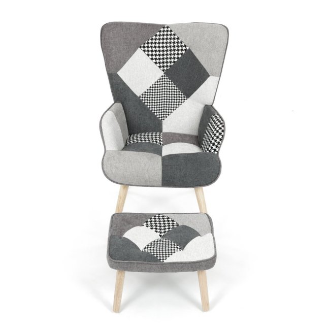 Relaxační křeslo ušák LISA + taburet — masiv, látka, černobílý patchwork