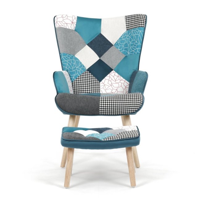 Relaxační křeslo ušák LISA + taburet — masiv, látka, modrý patchwork