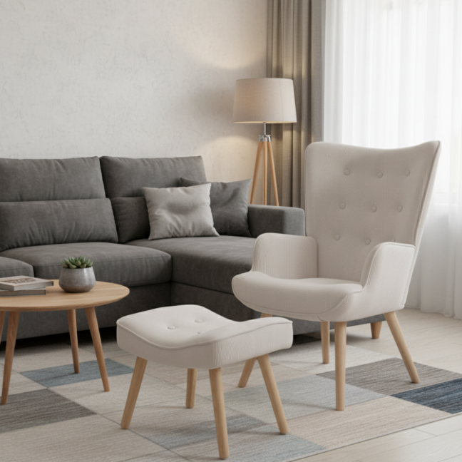 Křeslo ušák CORDU + taburet — masiv, manšestr, přírodní / krémová