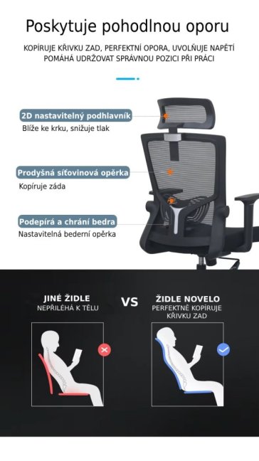 Kancelářská ergonomická židle Neoseat NOVELO — síť / látka, černá, nosnost 150 kg