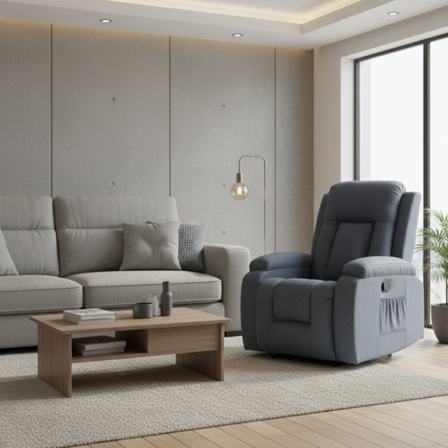 Relaxační polohovací TV křeslo RIVA — látka, šedá, nosnost 130 kg