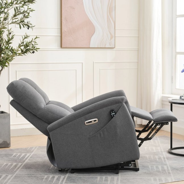 TV křeslo DAMIAN s elektrickým polohováním, masáží a vyhříváním — látka, šedá