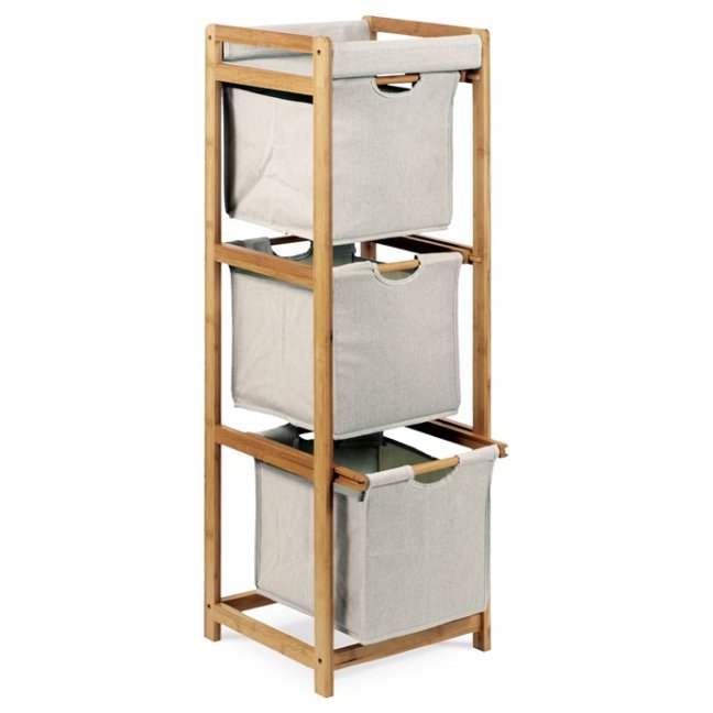 Regál NAPOLEON II — masiv bambus, látka, přírodní / šedá