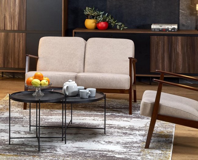Designová dvojsedačka MILANO — masiv, látka, ořech / béžová