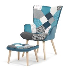 Relaxační křeslo ušák LISA + taburet — masiv, látka, modrý patchwork