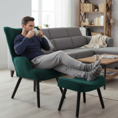 Křeslo ušák CORDU + taburet — masiv, manšestr, černá / zelená