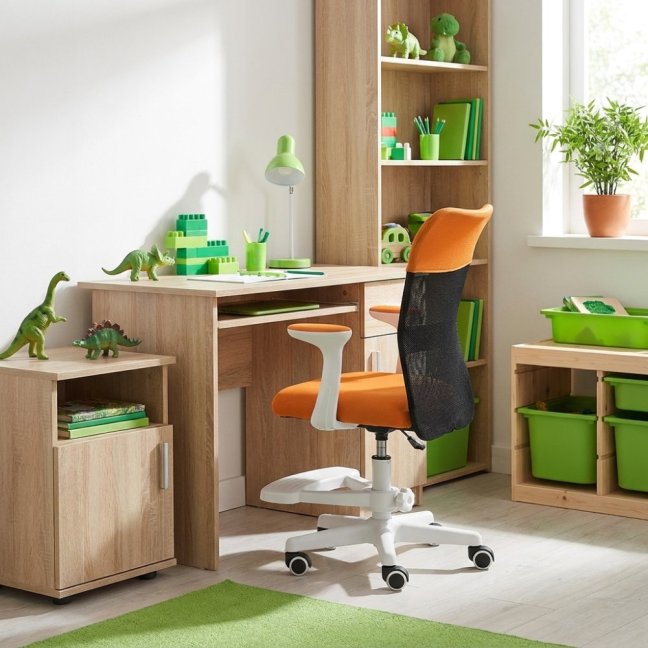 Dětská židle Neoseat MONKEY WHITE s podnoží — látka, bílá / oranžová