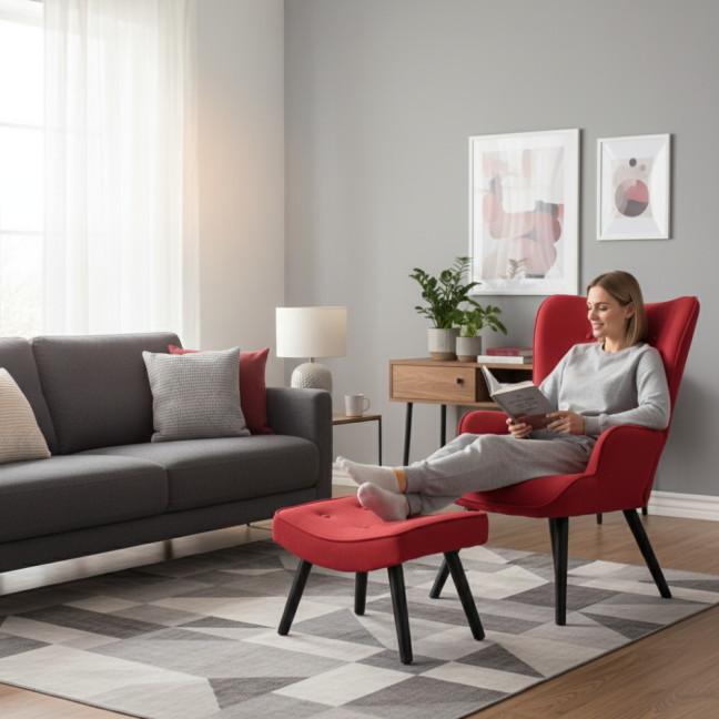 Křeslo ušák CORDU + taburet — masiv, látka, černá / červená