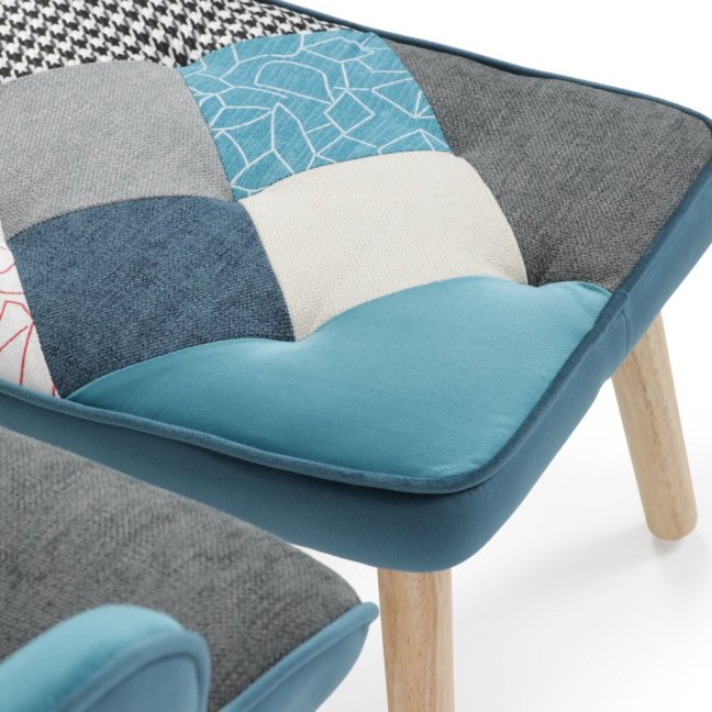 Relaxační křeslo ušák LISA + taburet — masiv, látka, modrý patchwork