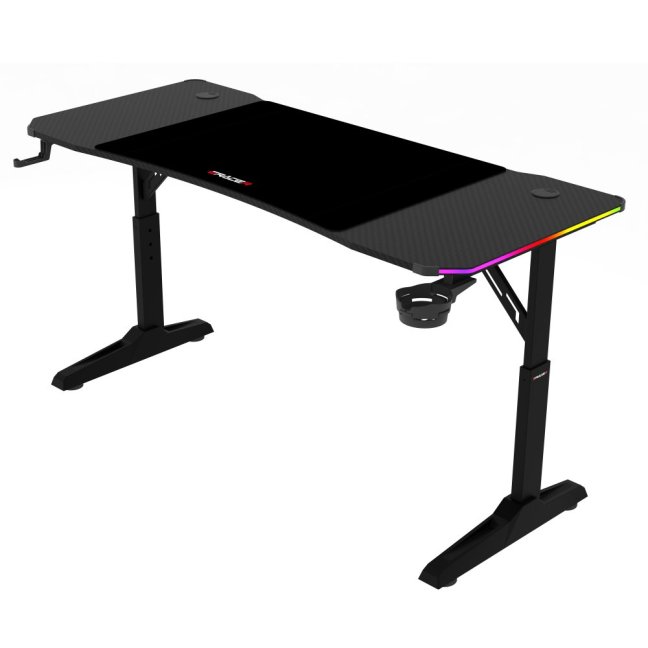 Výškově nastavitelný herní stůl ERACER H1214 — 140x60 cm, kov, melamin, černá, RGB podsvícení