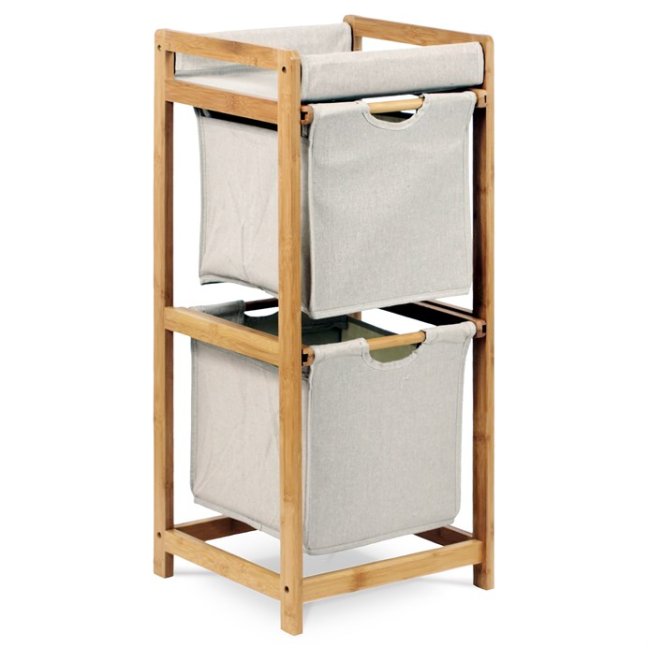 Regál NAPOLEON — masiv bambus, látka, přírodní / šedá