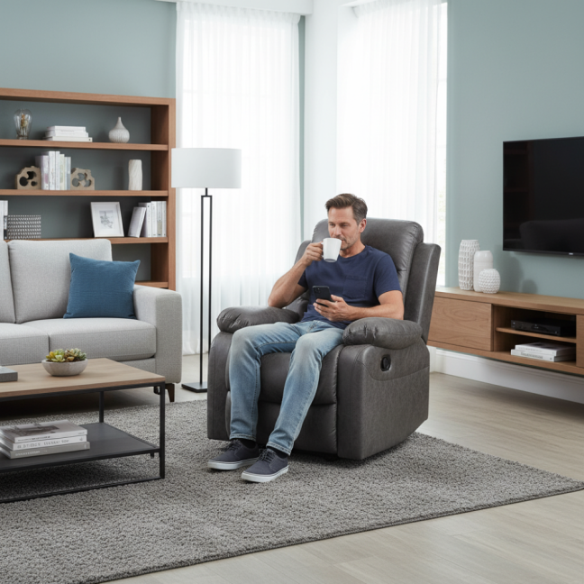 Relaxační polohovací TV křeslo HAVEN — látka, šedá, nosnost 130 kg